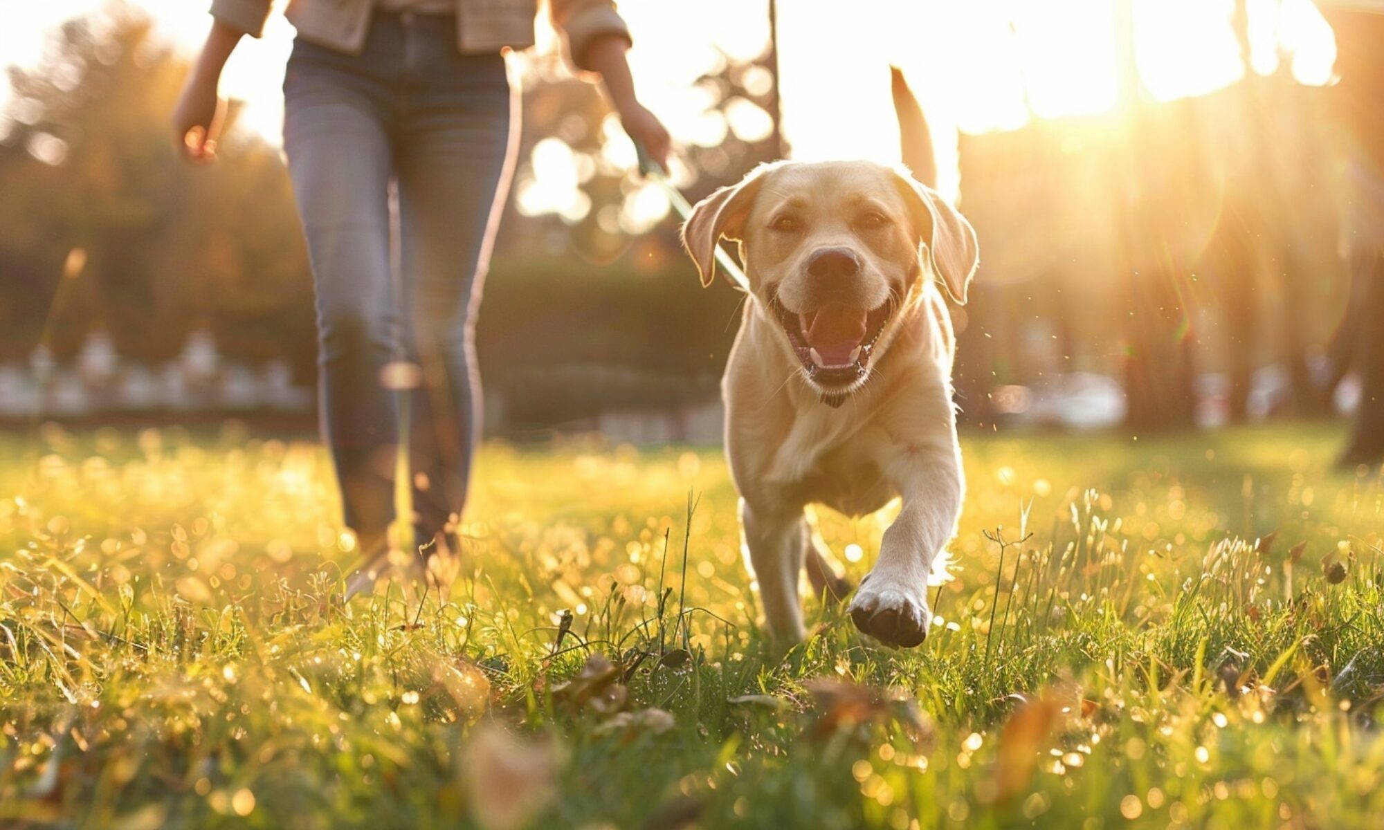 Hundebesitzerin spielt dynamisch mit einem freundlich hechelnden Hund im Park bei warmem Sonnenlicht