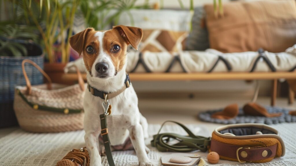 Hund sitzt entspannt vor einer kleinen Auswahl an Hundezubehör wie Leine, Geschirr, Futterbeutel und Spielzeug