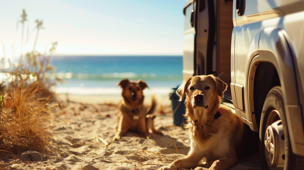 Zwei Hunde liegen entspannt in der Sonne an einem spanischen Strand, während am rechten Bildrand der Wohnwagen angeschnitten zu sehen ist.