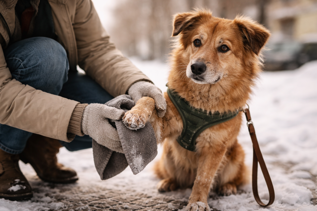 Hund sitzt im Winter auf verschneitem Gehweg, während eine Person behutsam seine Pfote mit einem Tuch von Schnee und Streusalz reinigt – ruhige Szene zum Schutz empfindlicher Hundepfoten bei Kälte.