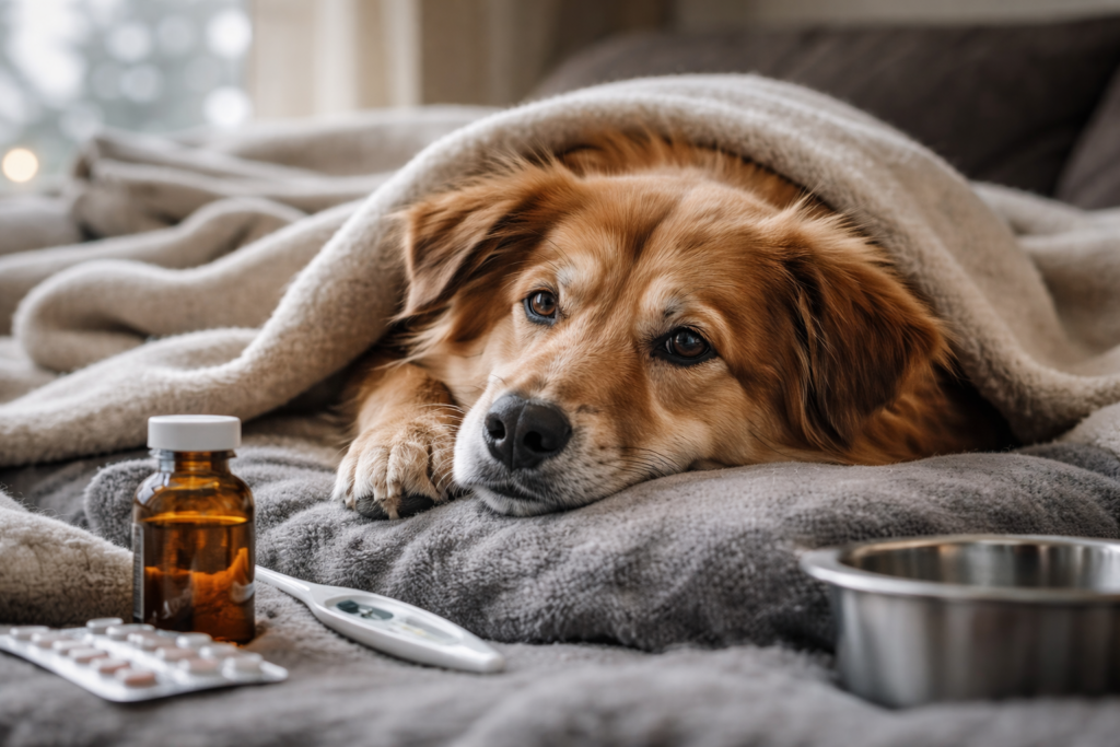Krank wirkender Hund liegt im Winter eingekuschelt unter einer Decke auf einem Sofa, neben ihm stehen Napf, Thermometer und Medikamente – ruhige, realistische Szene zur Hundegesundheit in der kalten Jahreszeit.