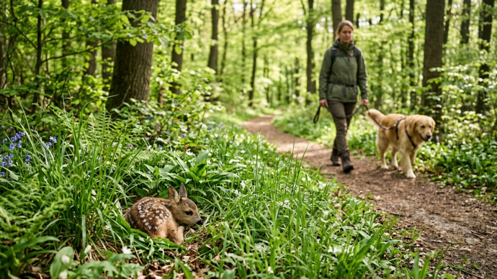 Rehkalb im Wald, Hund spaziert.