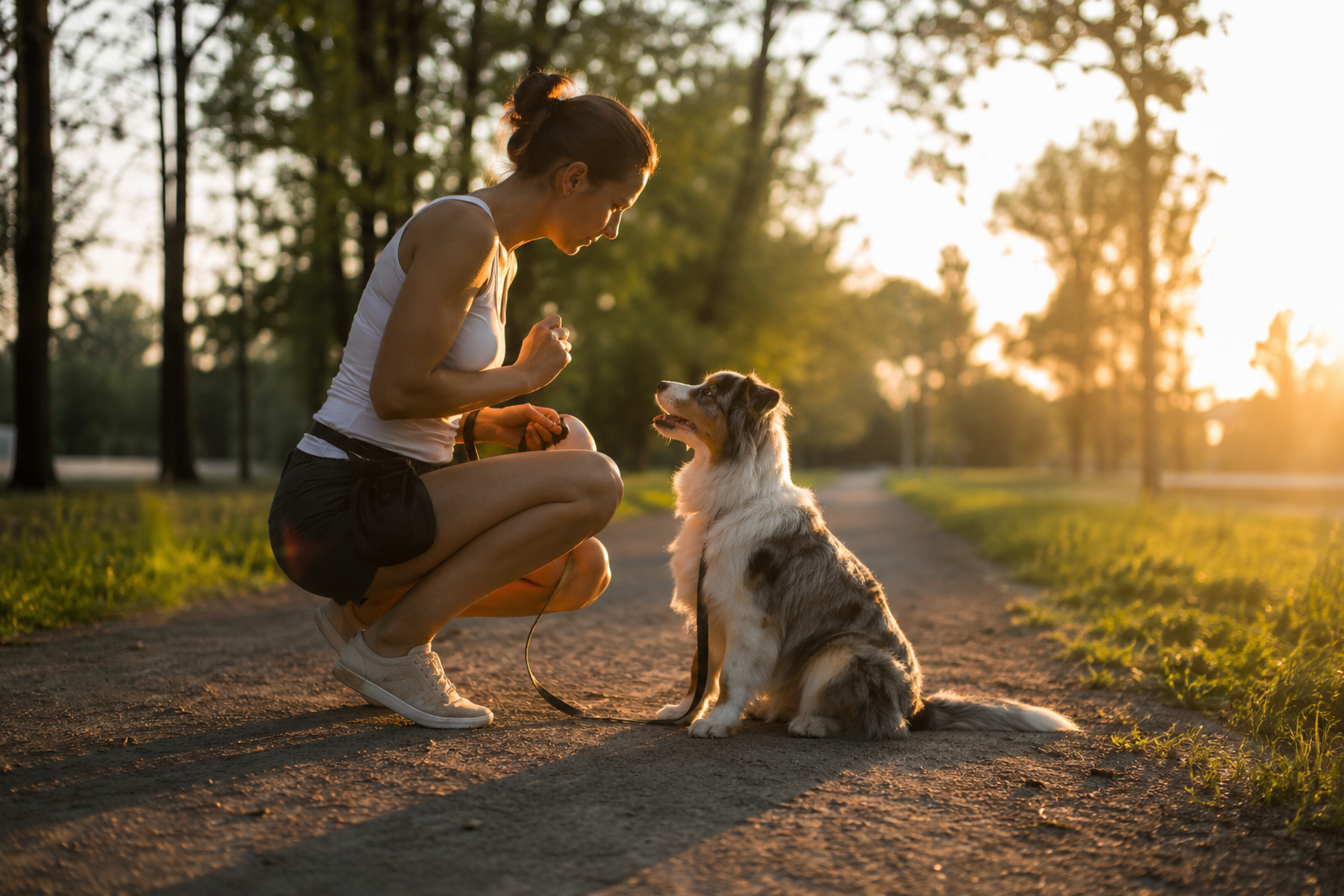 Eine Hundebesitzerin trainiert ihren Hund an einem schattigen Waldweg in der Abendsonne. Das Motiv zeigt ruhiges Hundetraining im Sommer bei angenehmen Temperaturen.